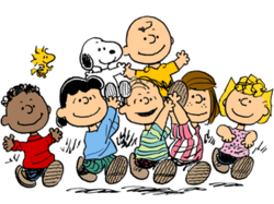 The characters from Peanuts holding Charlie Brown and Snoopy aloft.
