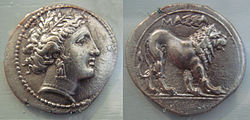 A silver drachma, dated 375–200 BC, bearing the head of the Greek goddess Artemis on the obverse and a lion on the reverse of Massalia