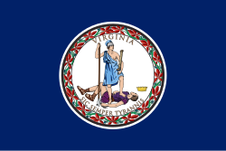 Navy blue flag with the circular Seal of Virginia centered on it.