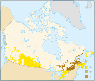 Map of Canada with English speakers and French speakers at a percentage