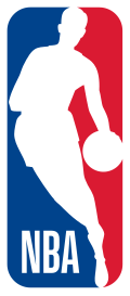 NBA logo, consisting of blue and red superimposed by a white silhouette of basketball player dribbling