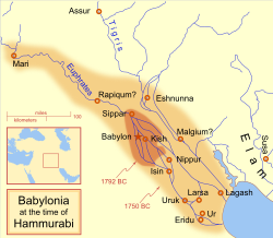 The extent of the Babylonian Empire at the start and end of Hammurabi's reign, in modern-day Iraq.