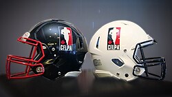 A pair of black and white football helmets for the Canadian Football League Players’ Association back-to-back