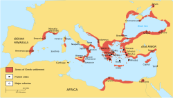 Greek settlement in the Mediterranean; Massalia shown in southern Gaul.