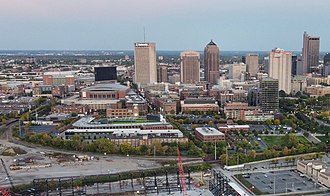 The Arena District (foreground) by downtown