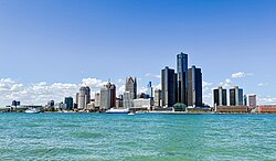 Downtown Detroit's skyline, as seen from Windsor, Ontario, Canada, in September 2025