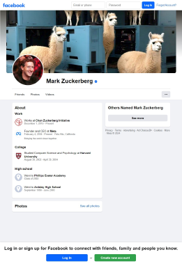 This is a screenshot of Mark Zuckerburg's Facebook profile. It includes his profile photo and a header photo of llamas.