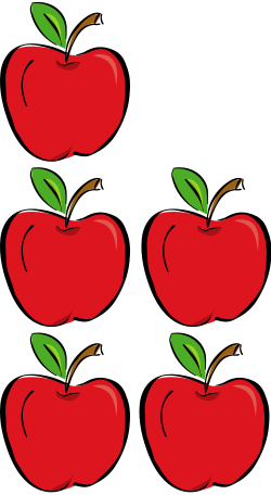 Diagram: One column containing three apples, and another column containing two apples; put together, there are 5 apples in total.